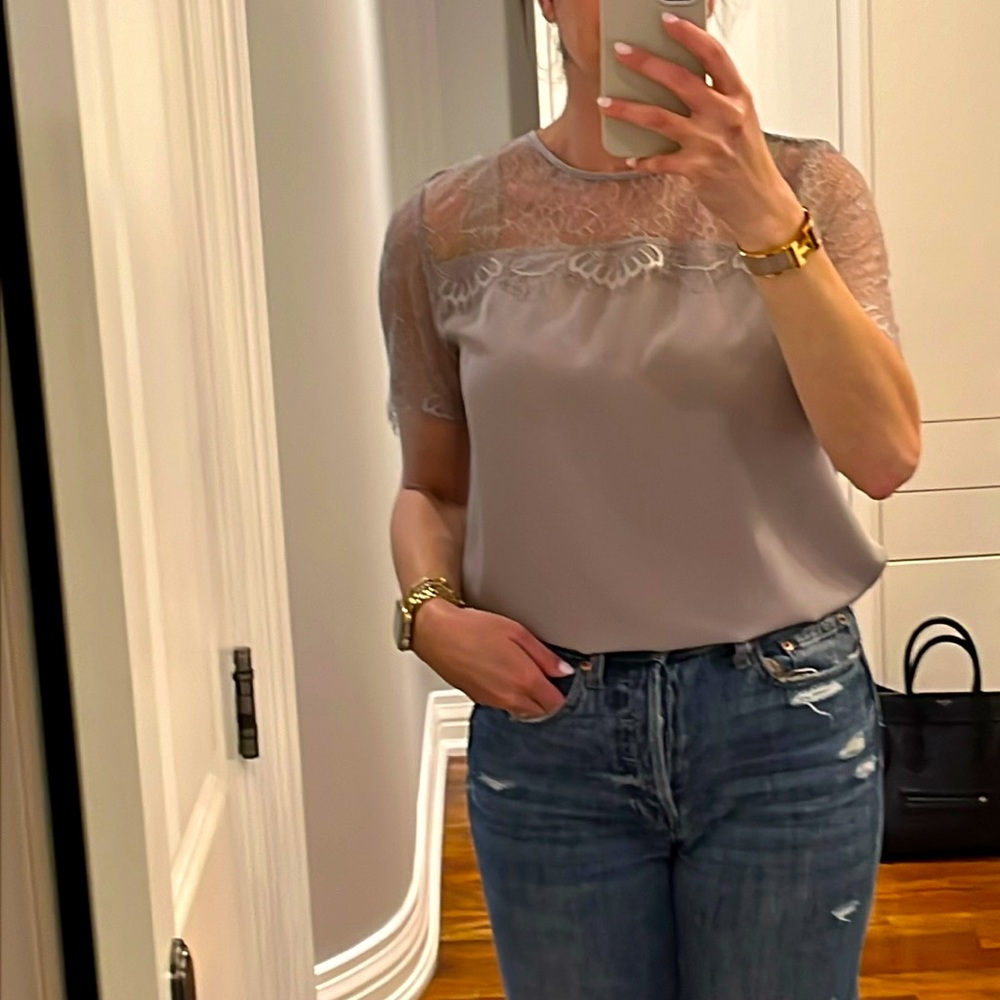 Cami NYC grey silk blouse with lace